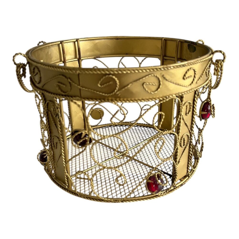 1990s Gold Wire Metal Candle Holder with Red Gem Accents – Round Scroll Design –